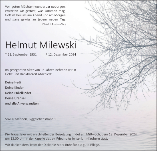 Traueranzeige von Helmut Milewski von Tageszeitung