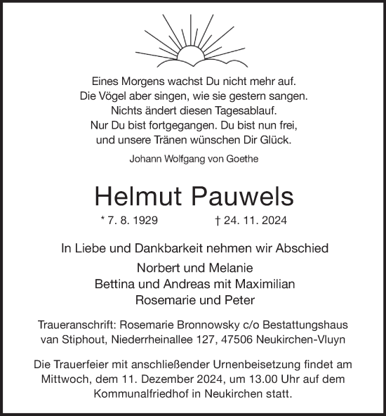 Traueranzeige von Helmut Pauwels von Tageszeitung