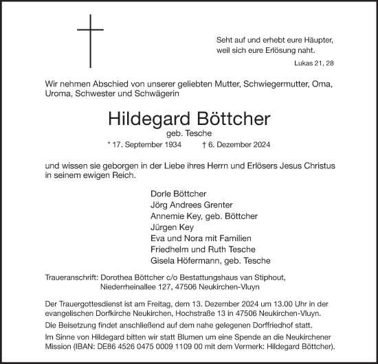 Traueranzeige von Hildegard Böttcher von Tageszeitung