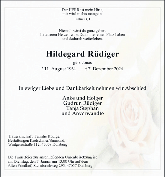 Traueranzeige von Hildegard Rüdiger von Tageszeitung