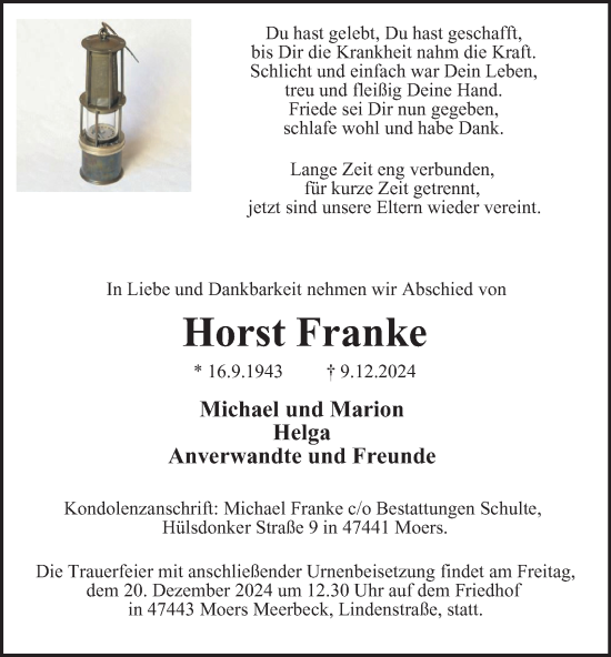 Traueranzeige von Horst Franke von Tageszeitung