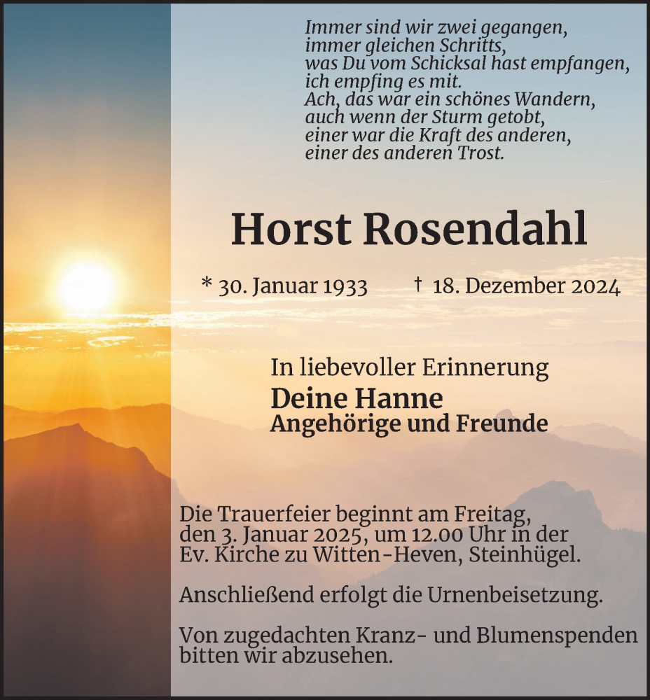  Traueranzeige für Horst Rosendahl vom 30.12.2024 aus Tageszeitung