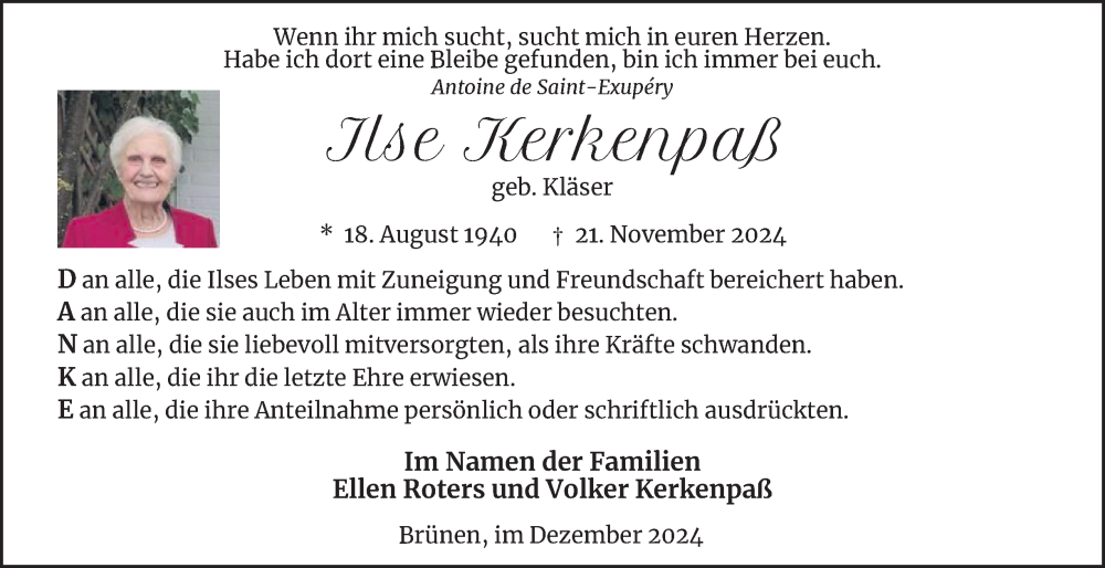  Traueranzeige für Ilse Kerkenpaß vom 21.12.2024 aus Tageszeitung