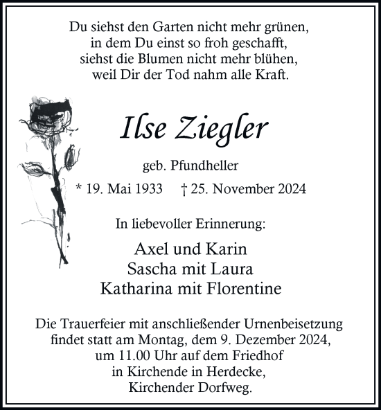 Traueranzeige von Ilse Ziegler von Tageszeitung