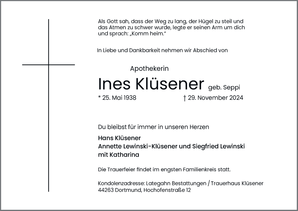  Traueranzeige für Ines Klüsener vom 07.12.2024 aus Tageszeitung