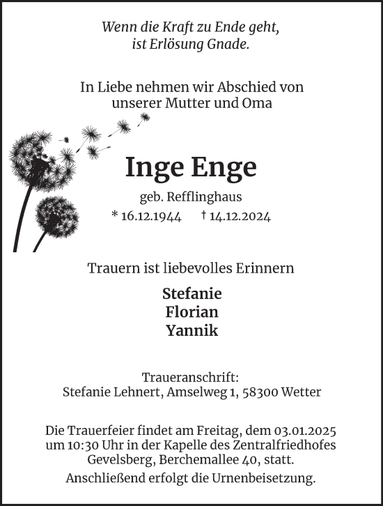 Traueranzeige von Inge Enge von Tageszeitung