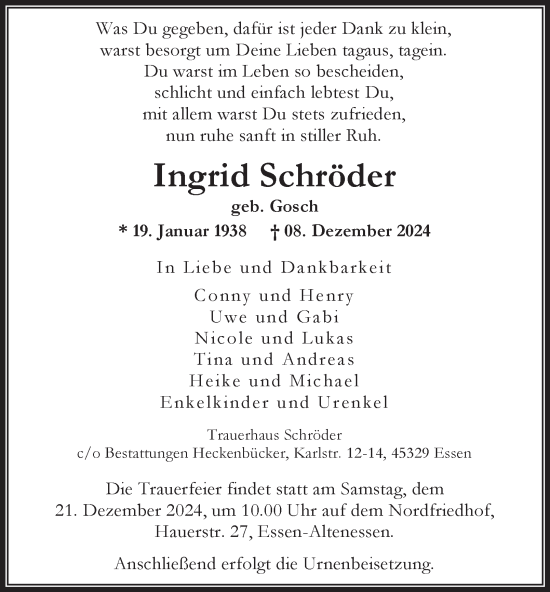 Traueranzeige von Ingrid Schröder von Tageszeitung
