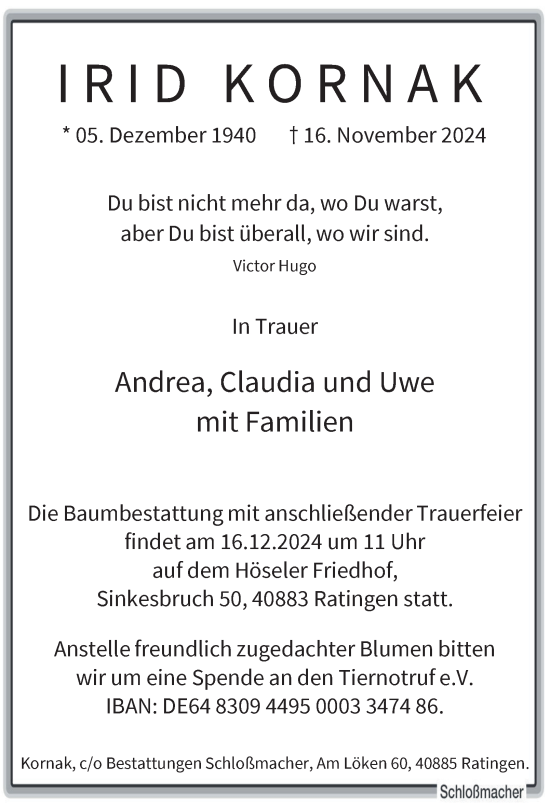 Traueranzeige von Irid Kornak von Tageszeitung
