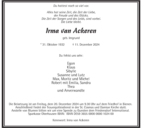 Traueranzeige von Irma van Ackeren von Tageszeitung