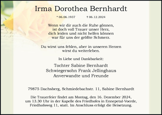Traueranzeige von Irma Dorothea Bernhardt von Tageszeitung