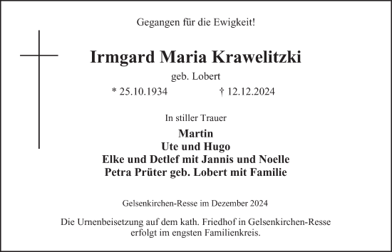 Traueranzeige von Irmgard Maria Krawelitzki von Tageszeitung