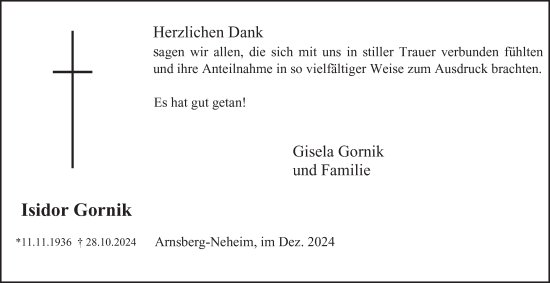Traueranzeige von Isidor Gornik von Tageszeitung