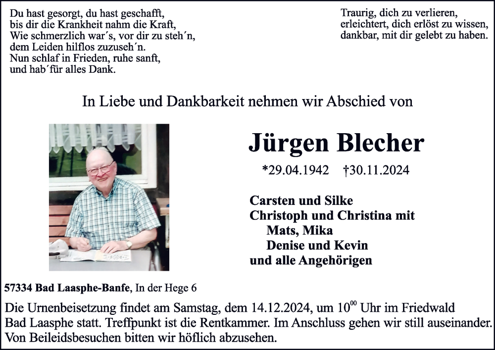  Traueranzeige für Jürgen Blecher vom 06.12.2024 aus Tageszeitung