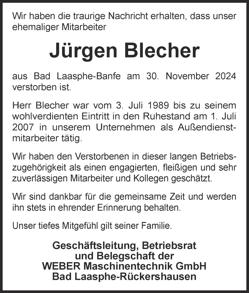  Traueranzeige für Jürgen Blecher vom 11.12.2024 aus Tageszeitung
