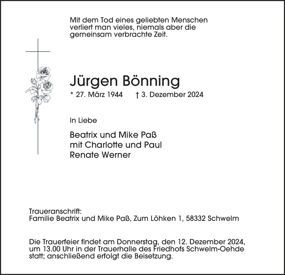  Traueranzeige für Jürgen Bönning vom 07.12.2024 aus Tageszeitung