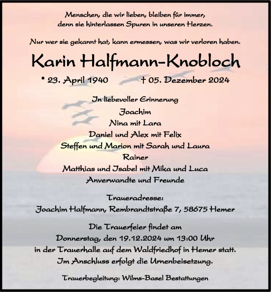 Traueranzeige von Karin Halfmann-Knobloch von Tageszeitung