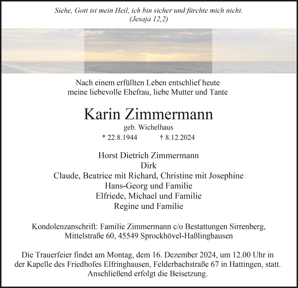  Traueranzeige für Karin Zimmermann vom 14.12.2024 aus Tageszeitung