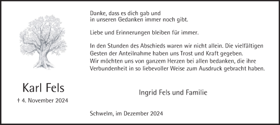 Traueranzeige von Karl Fels von Tageszeitung