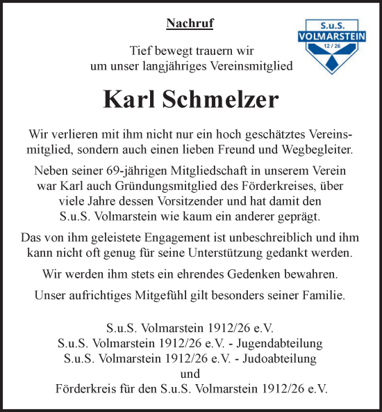 Traueranzeige von Karl Schmelzer von Tageszeitung