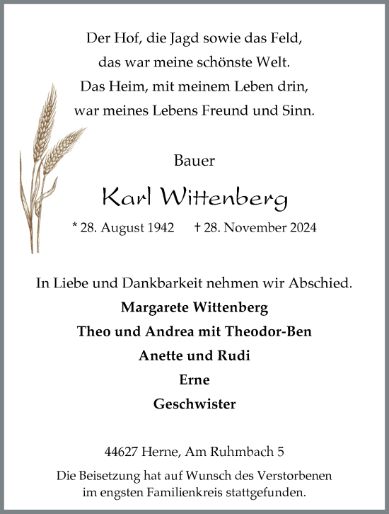 Traueranzeige von Karl Wittenberg von Tageszeitung