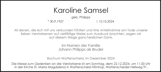 Traueranzeige von Karoline Samsel von Tageszeitung