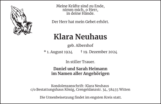 Traueranzeige von Klara Neuhaus von Tageszeitung