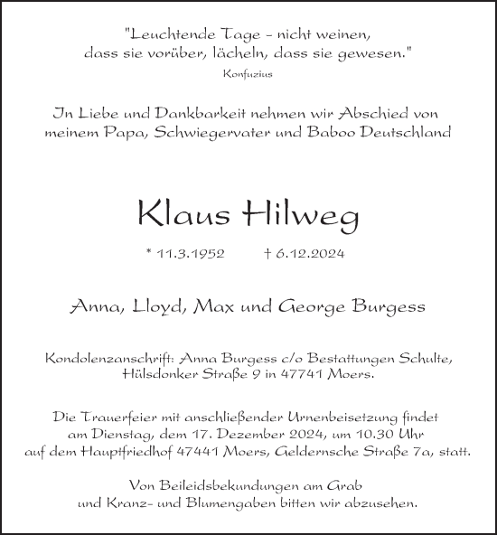 Traueranzeige von Klaus Hilweg von Tageszeitung