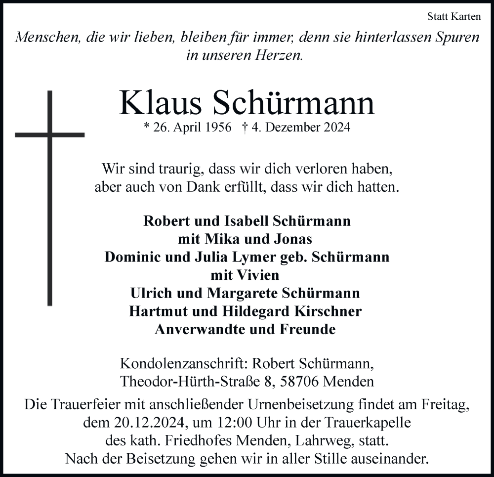  Traueranzeige für Klaus Schürmann vom 14.12.2024 aus Tageszeitung