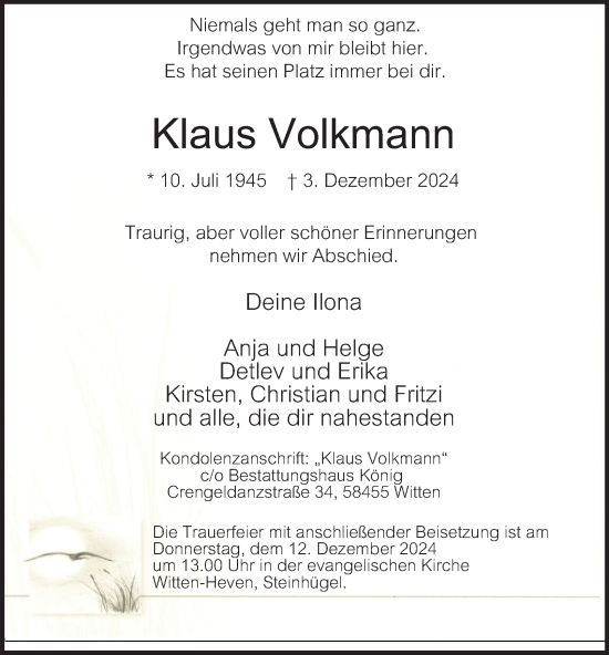 Traueranzeige von Klaus Volkmann von Tageszeitung