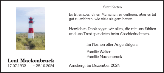 Traueranzeige von Leni Mackenbruck von Tageszeitung