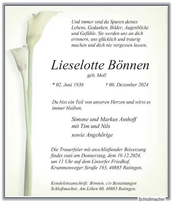 Traueranzeige von Lieselotte Bönnen von Tageszeitung