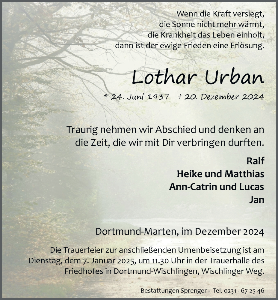  Traueranzeige für Lothar Urban vom 28.12.2024 aus Tageszeitung