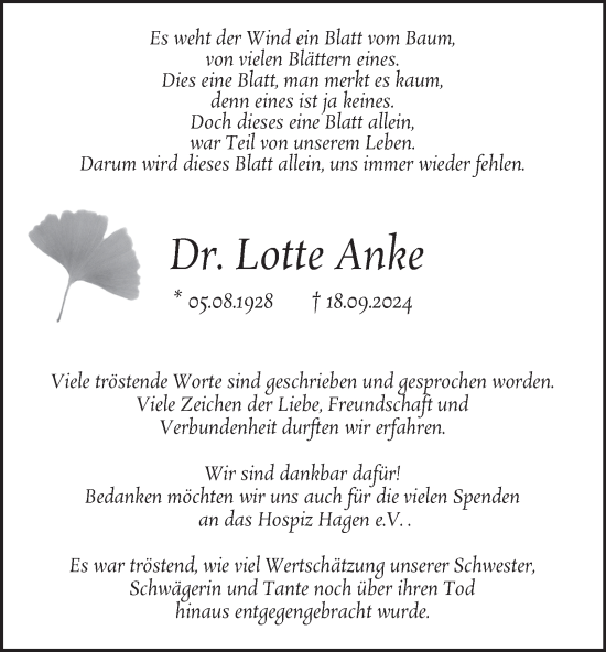 Traueranzeige von Lotte Anke von Tageszeitung