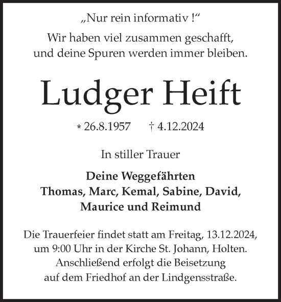 Traueranzeige von Ludger Heift von Tageszeitung
