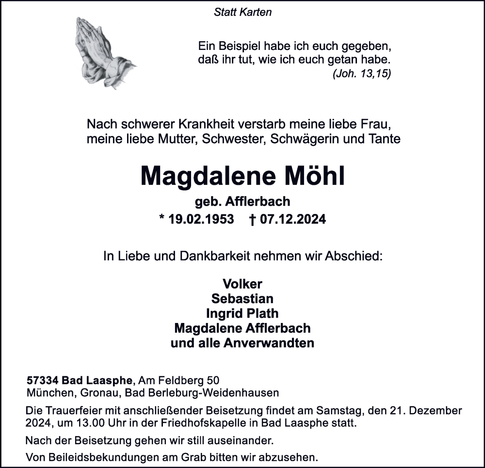  Traueranzeige für Magdalene Möhl vom 14.12.2024 aus Tageszeitung