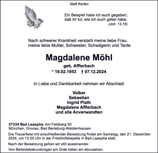 Traueranzeige von Magdalene Möhl von Tageszeitung