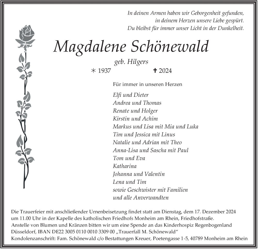  Traueranzeige für Magdalene Schönewald vom 07.12.2024 aus Tageszeitung