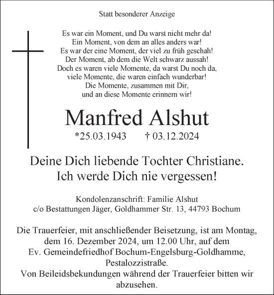 Traueranzeige von Manfred Alshut von Tageszeitung