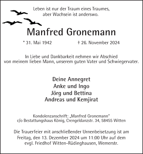 Traueranzeige von Manfred Gronemann von Tageszeitung