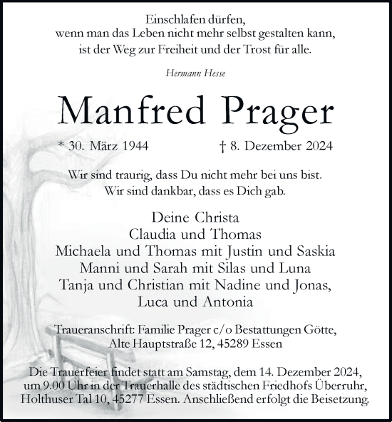 Traueranzeige von Manfred Prager von Tageszeitung