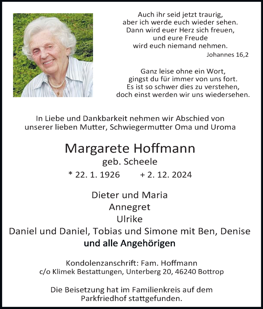  Traueranzeige für Margarete Hoffmann vom 14.12.2024 aus Tageszeitung