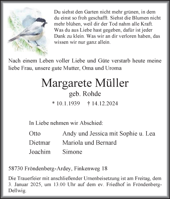 Traueranzeige von Margarete Müller von Tageszeitung