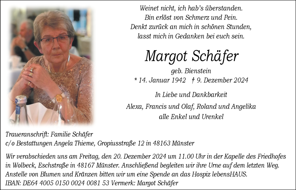  Traueranzeige für Margot Schäfer vom 14.12.2024 aus Tageszeitung