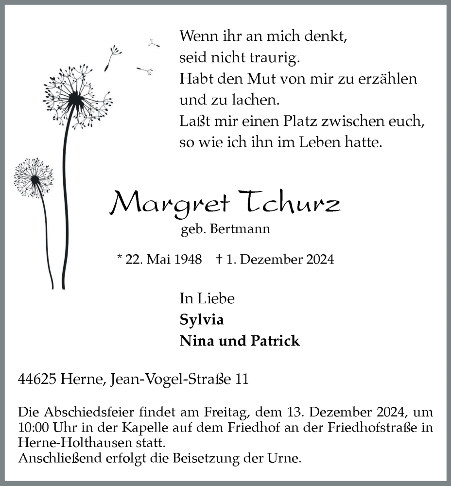  Traueranzeige für Margret Tchurz vom 07.12.2024 aus Tageszeitung