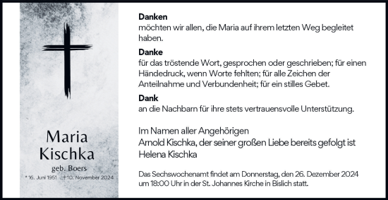 Traueranzeige von Maria Kischka von Tageszeitung