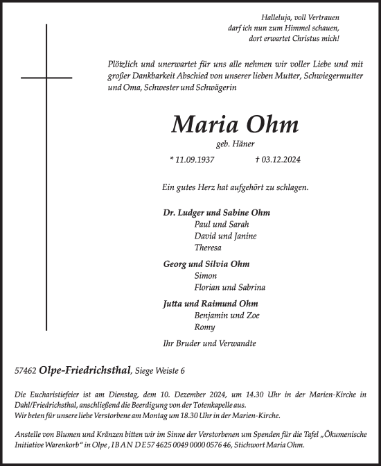 Traueranzeige von Maria Ohm von Tageszeitung