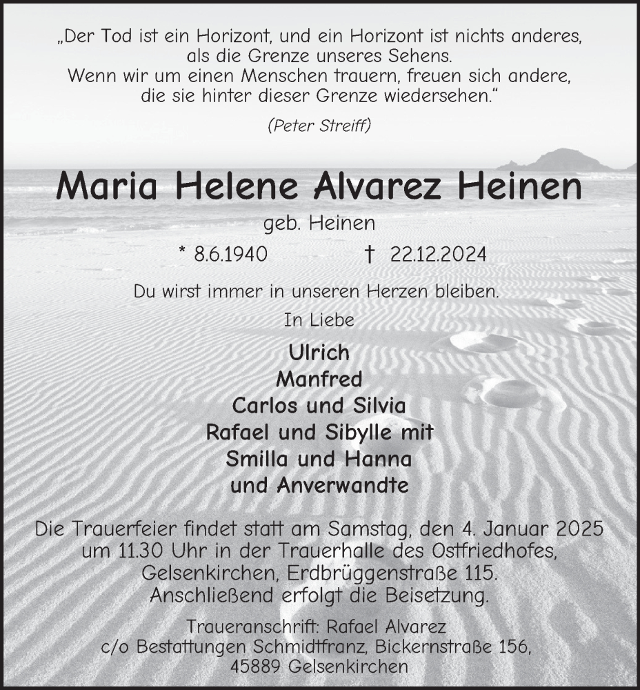  Traueranzeige für Maria Helene Alvarez Heinen vom 30.12.2024 aus Tageszeitung