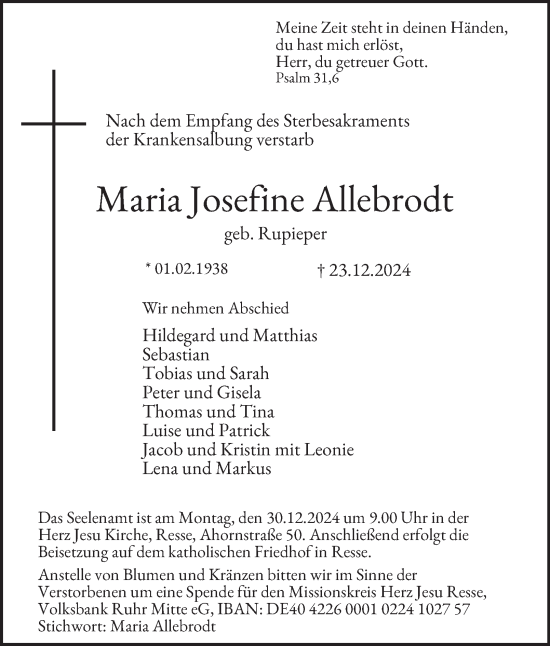 Traueranzeige von Maria Josefine Allebrodt von Tageszeitung