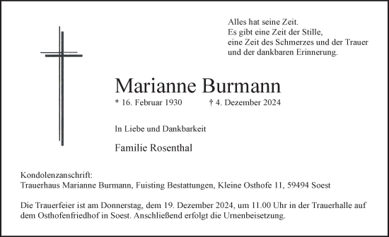 Traueranzeige von Marianne Burmann von Tageszeitung