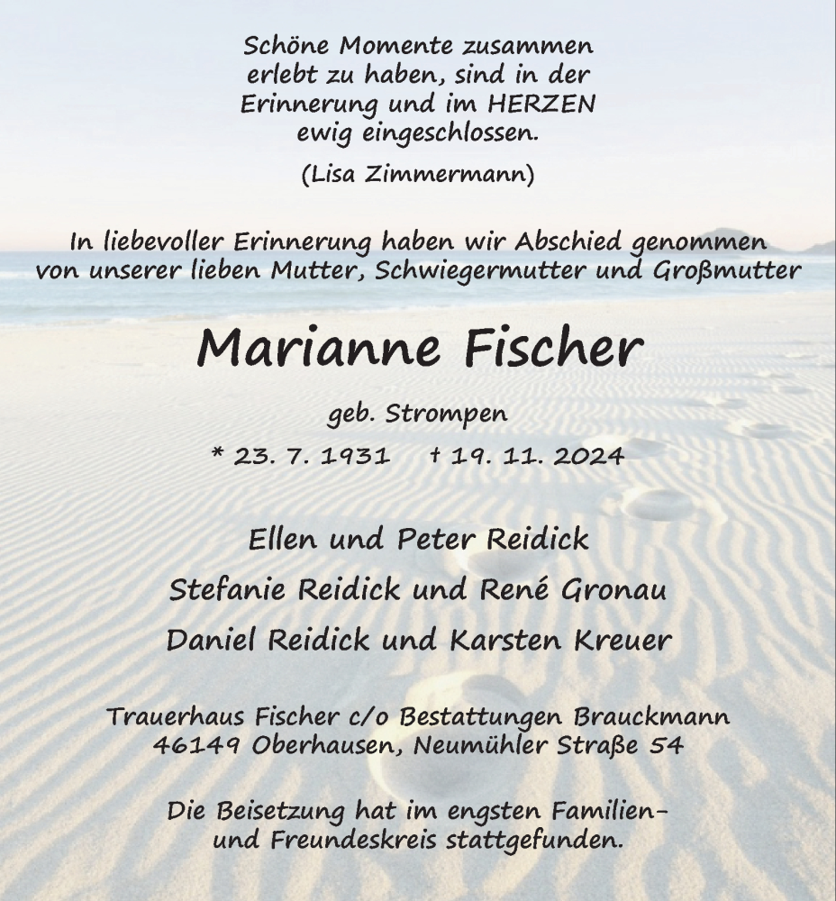  Traueranzeige für Marianne Fischer vom 21.12.2024 aus Tageszeitung